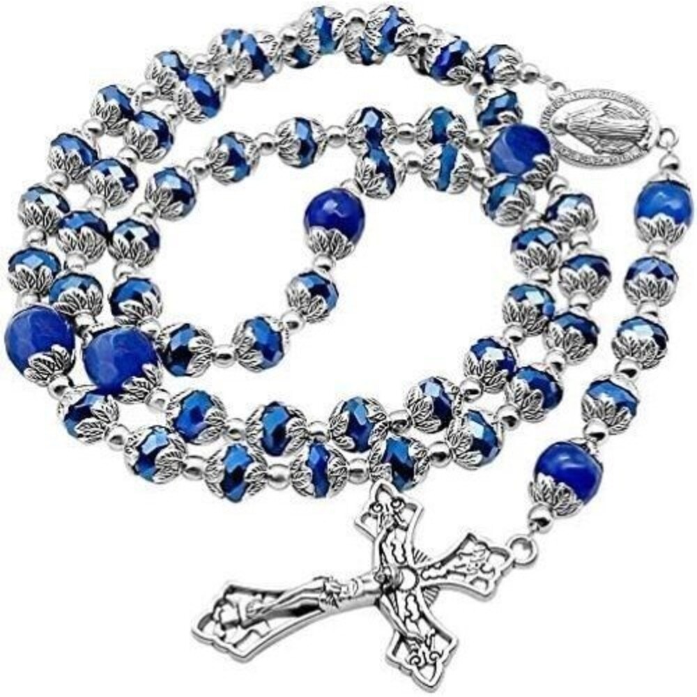 Deep Blue Crystal Beads Rosary Blue Agate Glory Stone Beaded Necklace